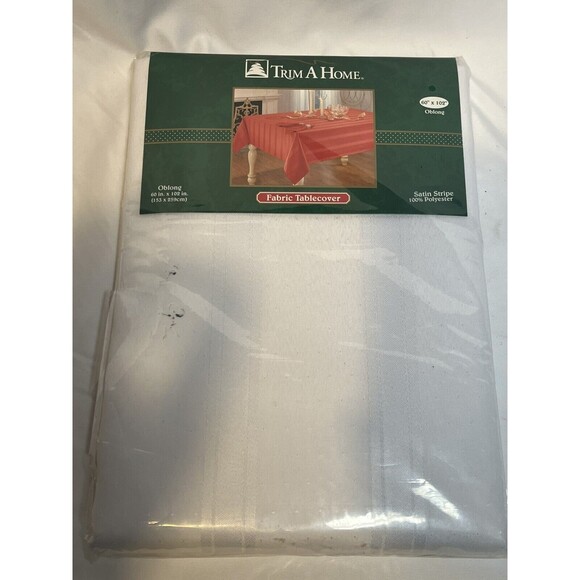 White Fabric Table Cover Satin Stripe Oblong 60 in x  102 in Kmart  Trim A Home - Picture 1 of 8